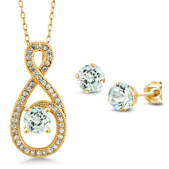 Gem Stone King 2.10 Ct Sky Blue Aquamarine 18K Yellow Gold Plated Silver Pendant and Earrings Jewelry Set
