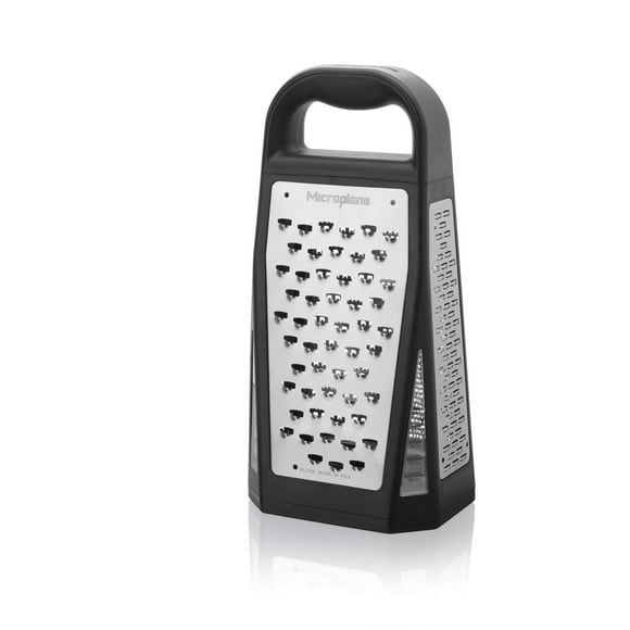 Microplane Elite Five Blade Box Grater with Measuring Cup Base, Five Grating Surfaces Including Fine, Coarse, Double-Sided Ribbon, Ultra-Coarse, and Slicer - Black