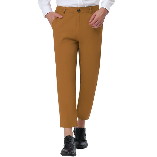 Pantalones de traje de negocios recortados para hombres Inspire Chic, corte recto, frente plano, talla 28, color marrón