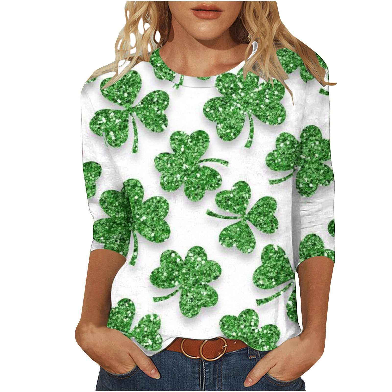 T-Shirts de la Saint-Patrick pour Femmes, T-Shirts à Manches 3/4 Imprimé Trèfle Irlandais Mode Chandails en Molleton et Chandails à Capuchon pour Femmes Vert,m