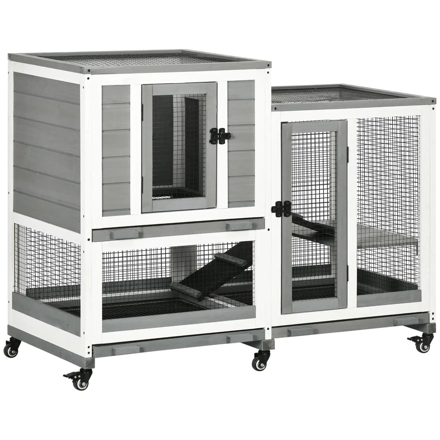 Pefilos 43" Outdoor Wooden Rabbit Hutch with Run, Trays and Wheels, Outdoor Bunny Enclosure Guinea Pig Cage for Small Animals, Gray