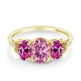 thumbnail image 2 of Gem Stone King 10K Yellow Gold 3-Stone Ring Oval Pink Moissanite and Created Sapphire Pink (1.92 Cttw, Size 6), 2 of 4