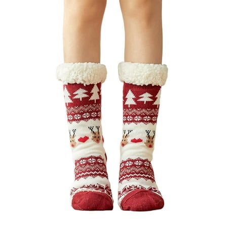 

Yamaler 1 Pair Floor Socks Mid-calf Sherpa Lining Stretchy Soft Christmas Reindeer Pattern Feet Protection Non-slip Winter Thermal Women Indoor Home Slipper Sleeping Socks for Home