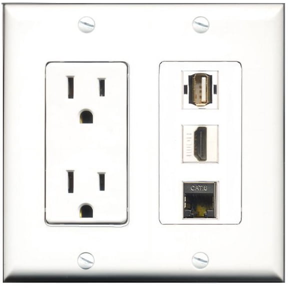 RiteAV - 15 Amp Power Outlet 1 Port HDMI 1 Port USB A-A 1 Port Shielded Cat6 Ethernet Ethernet Decorative Wall Plate