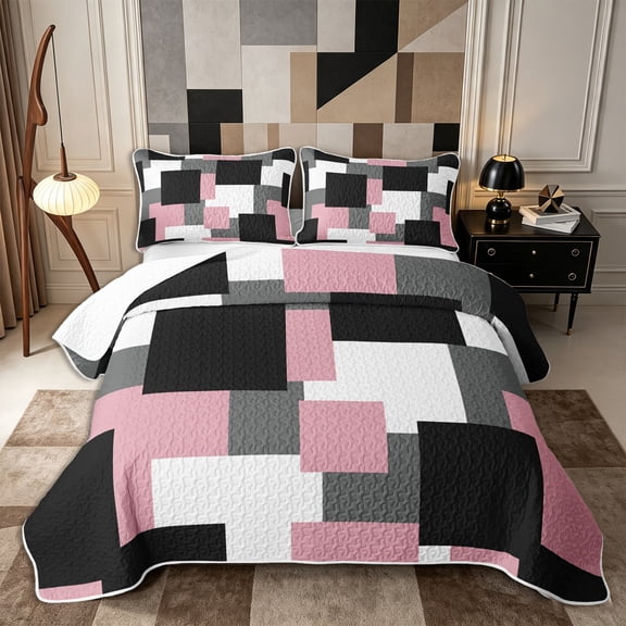 Castle Fairy Abstract Irregular Square Block Twin Quilt Set 2 Pieces,Geometric Overlap Twin Coverlet Set,Dusty Pink Gray Black,1 Bedspread and 1 Pillowcase