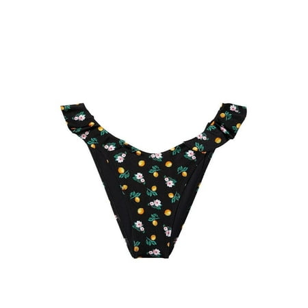 Medium BLACK Lemon Ruffle Brazilian Bikini Bottom Low Rise High-Cut Leg Logo Vs New
