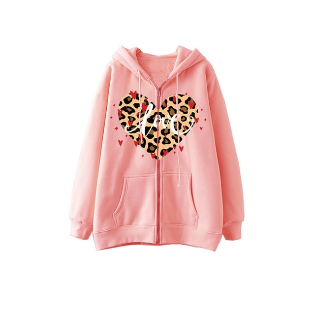 Mialoley Hoodie pour Femmes, Sweat à Capuche à Manches Longues Imprimé Cœur Léopard Veste Décontractée avec Poches