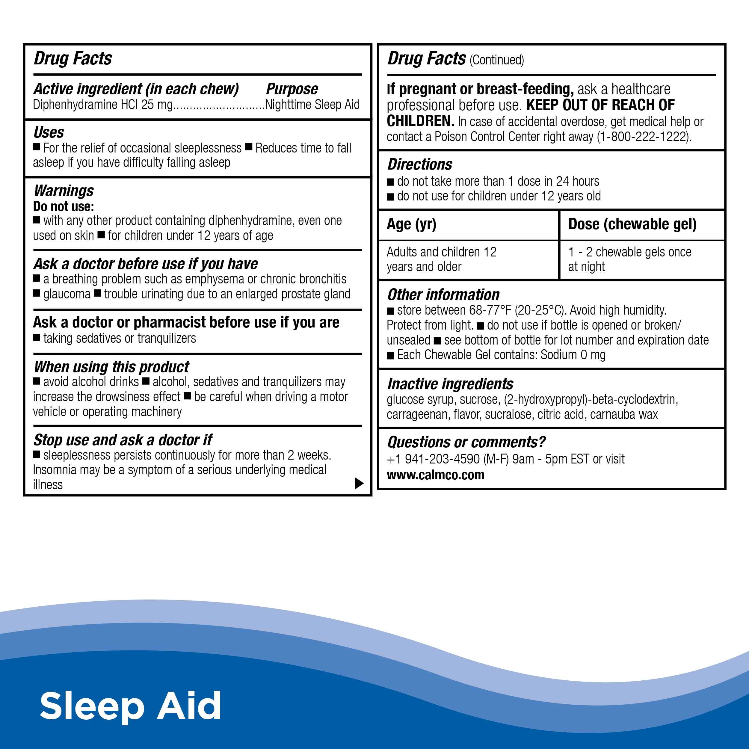 CalmCo Adult Sleep Aid Chewable Gels, 25 mg Diphenhydramine HCl, Promotes Better Sleep, Fall Asleep Faster, Non-Habit Forming, Fantasy Fruit Flavor, 30 Count.