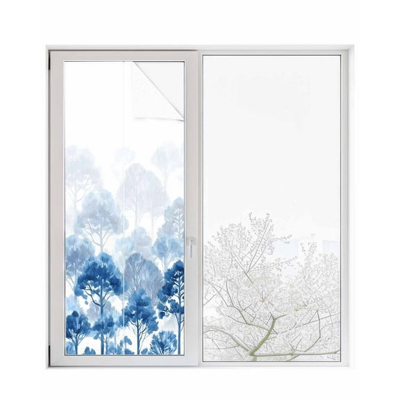 Window Privacy Film Navy Blue Forest Stained Glass Window Film Decorative Sun Block Window Cover Rustic Botanical Tree Scenery Watercolor Window Clings Static Adhesive Sticker for Bathroom 23.6"x59"
