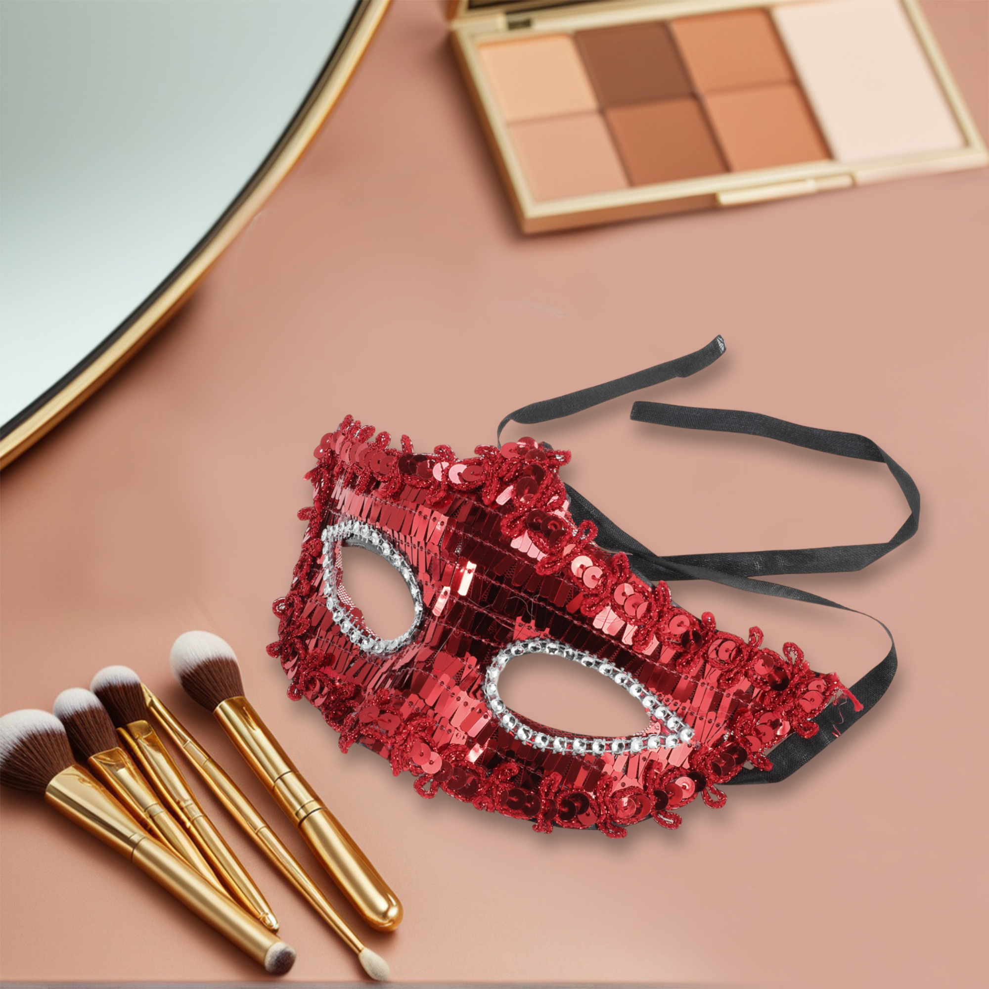 Unique Bargains 1 Pack Elegant Crystal Beaded Half Face Party Mask Red