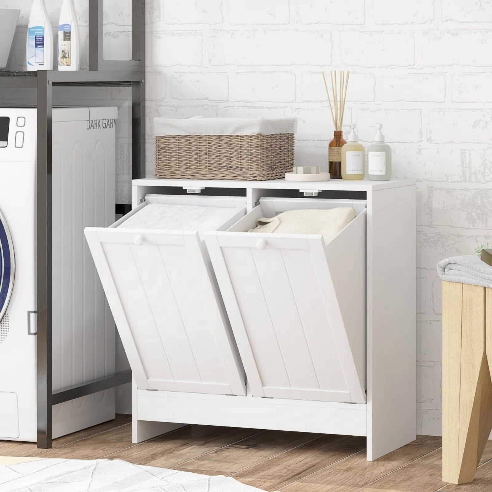 Alvantor Double Laundry Storage Cabinet with 2 Pull-Out Hampers, Bathroom Organizer 66" x 33" x 68" White