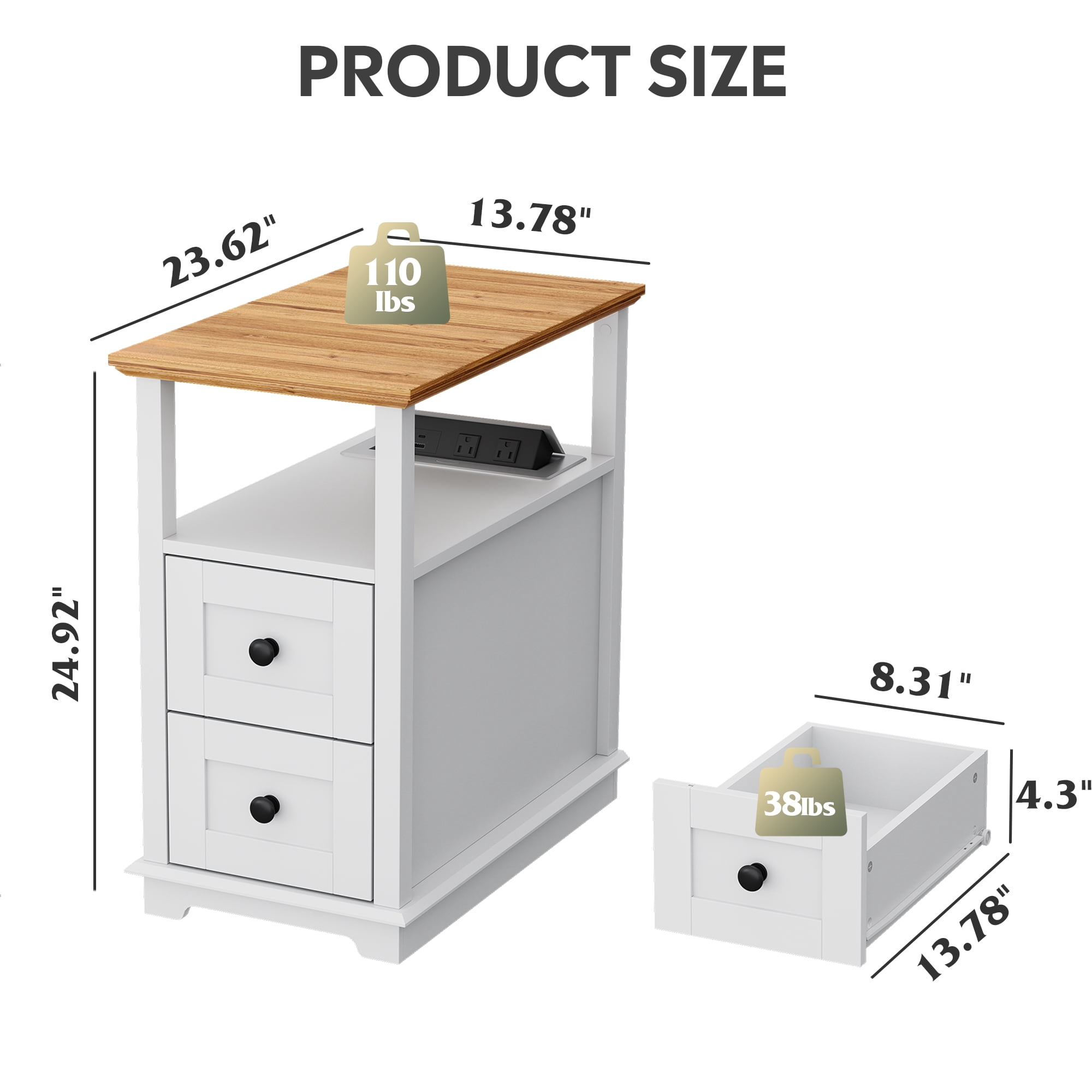 GALAXHERO Narrow Side Table with Charging Station Wooden End Table with 2 Drawers for Living Room, Bedroom, Small Space White