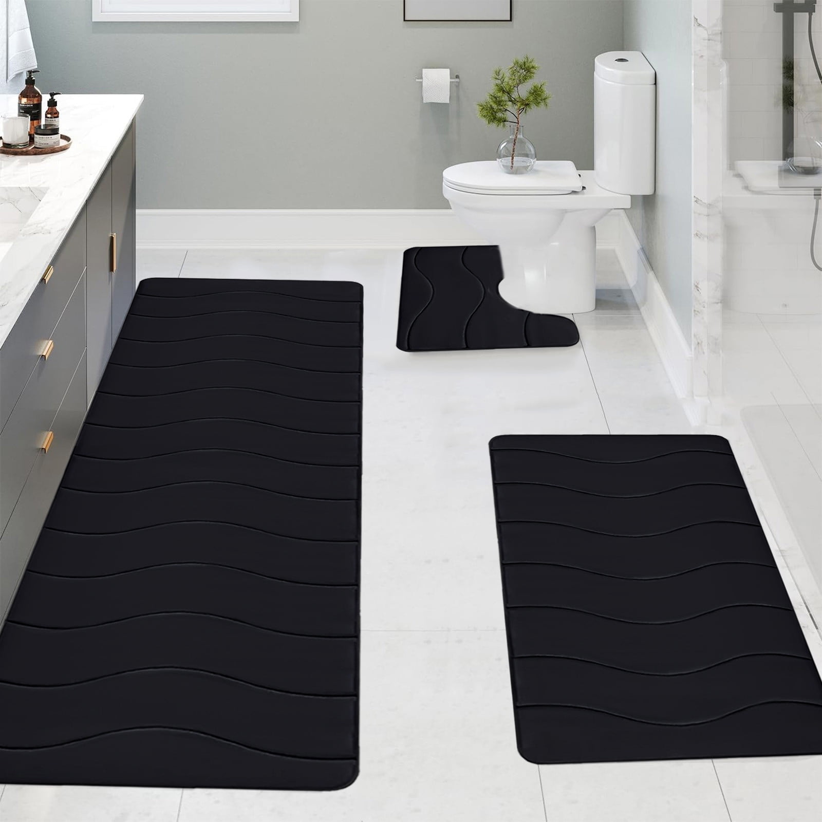 AZXY 3pc Bathroom Rug Sets Clearance,Bath Mat Set 3 Piece,Bathroom Mats Memory Foam,Black Non Slip Washable Bath Rug Sets Under $25