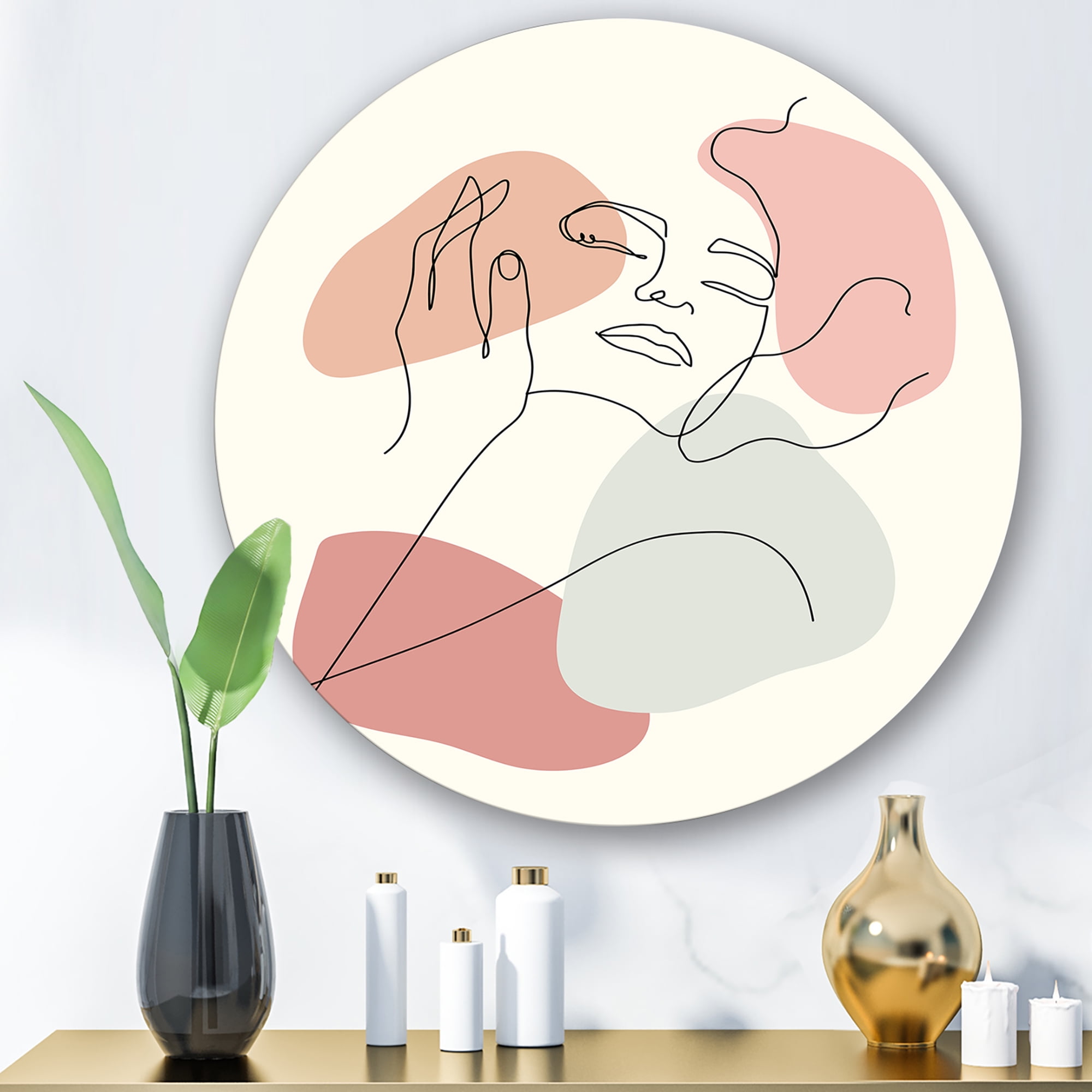 Designart 'Continuous One Line Portrait of Woman' Modern Circle Metal Wall Art 23x23 - Disc of 23