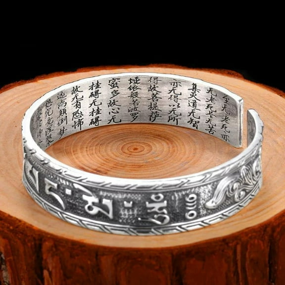 Tibetan Silver Plated Bracelet Retro Relief Six Character Mantra Adjustable Cuff Jewelry for Men Women Meditation