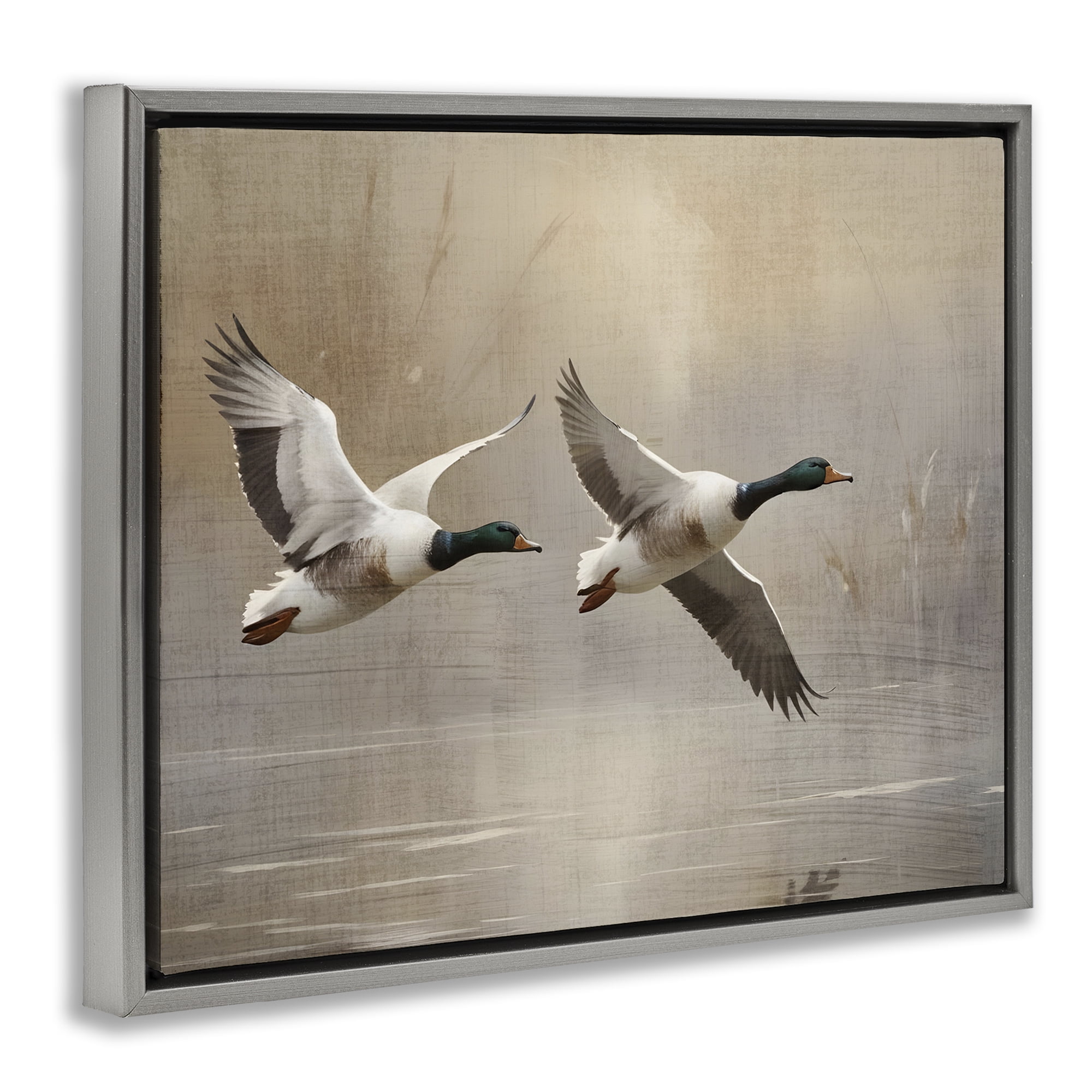 Stupell Industries Mallard Ducks over Pond Gray Framed Floater Canvas Wall Art, design by Susan Arnot
