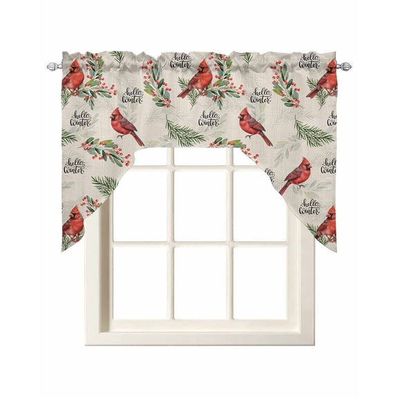 Cardinal Bird Swag Valances for Windows, Small Curtains Drapes, Holly Branches Berry Winter Beige Kitchen Window Curtains Over Sink Rod Pocket Window Treatment Valance for Bedroom/Bathroom 56"x36"