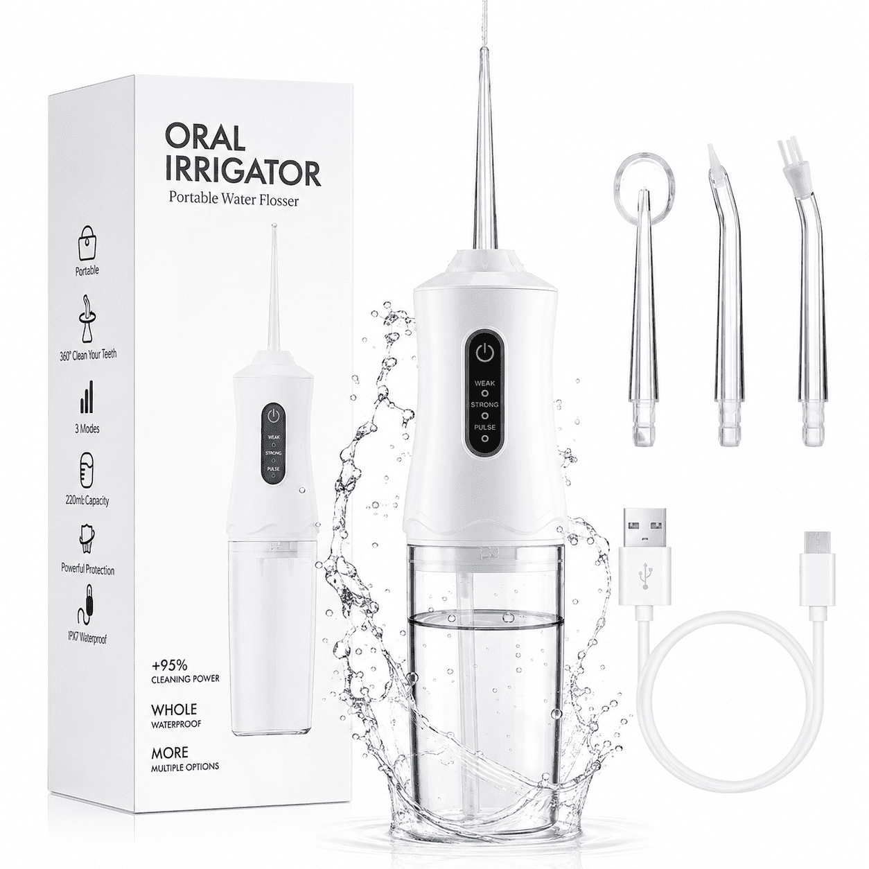 Water Flosser Dental for Teeth Cleaning, 3 Modes 4 Jet Tips, Portable Cordless Oral Irrigator with 220ML Tank, Water Floss for Home and Travel, White