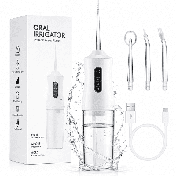 Water Flosser Dental for Teeth Cleaning, 3 Modes 4 Jet Tips, Portable Cordless Oral Irrigator with 220ML Tank, Water Floss for Home and Travel, White