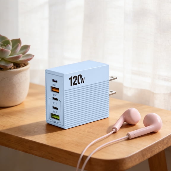 Fast Charging USB-C and USB-A Wall Charger for Phones, Tablets, and Accessories, Compact Design, Flame-Retardant Material for Home and Travel Blue