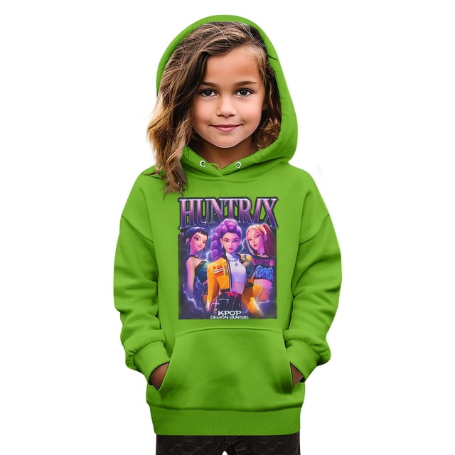 Moonsky Sudadera con capucha y cordón HUNTRX, estampado de grupo de chicas coreanas, jersey corto, suave y cómodo, top de manga larga para primavera y otoño. Verde 130