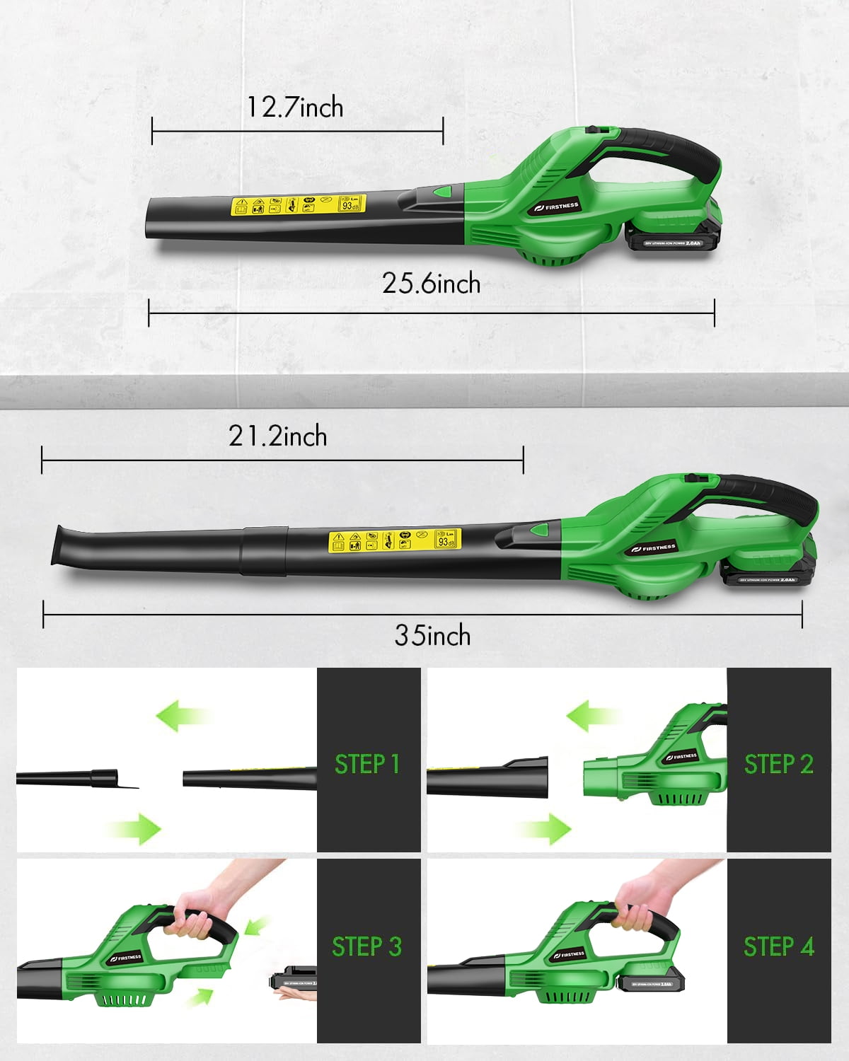 Firstness Cordless Leaf Blower, 20V Electric Leaf Blower with 2 Batteries and Charger, 135MPH 2 Speed Modes, 18000RPM, Lightweight Cordless Blower for Lawn Care, Patio, Dust, Blowing Leaves, Green