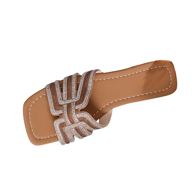 Flat Sandals for Women, Square Toe Solid Color Cloth Slides with Rhinestone-Encrusted Straps, Slip-On Design, Cushioned Footbed, Synthetic Material, Brown