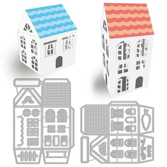 1Set 2Pcs 3D House Cutting Dies Metal Building Die Cuts Embossing Stencils Template for Paper Card Making Decoration DIY Scrapbooking Album Craft Decor