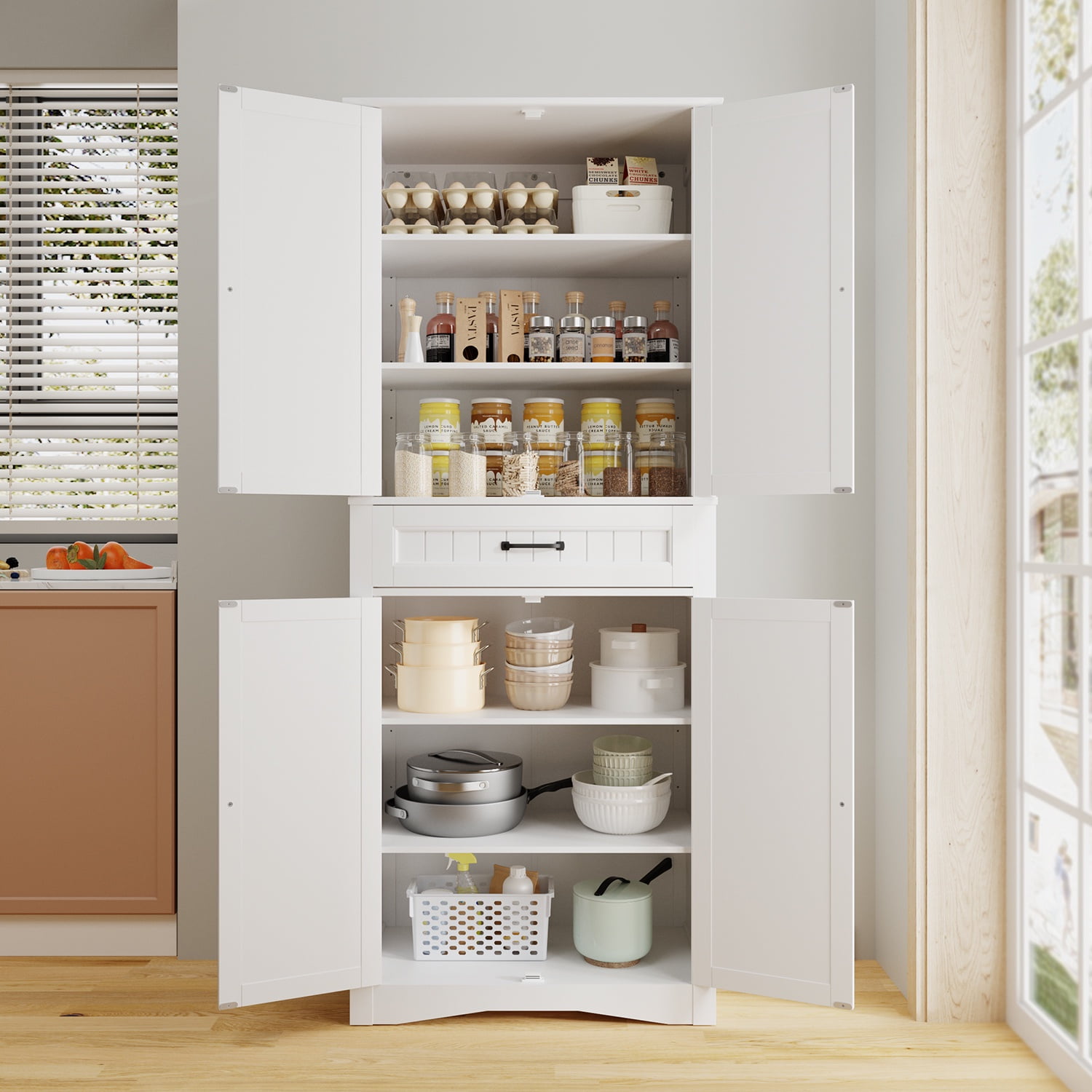 Asofer 71'' Modern Pantry Storage Cabinet with Doors and Adjustable Shelves for Kitchen, Living Room, White