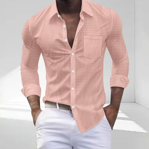 Zylanna Men's Button up Shirts, Turndown Collar Long Sleeve Plaid Breathable Formal Shirts for Men Pink