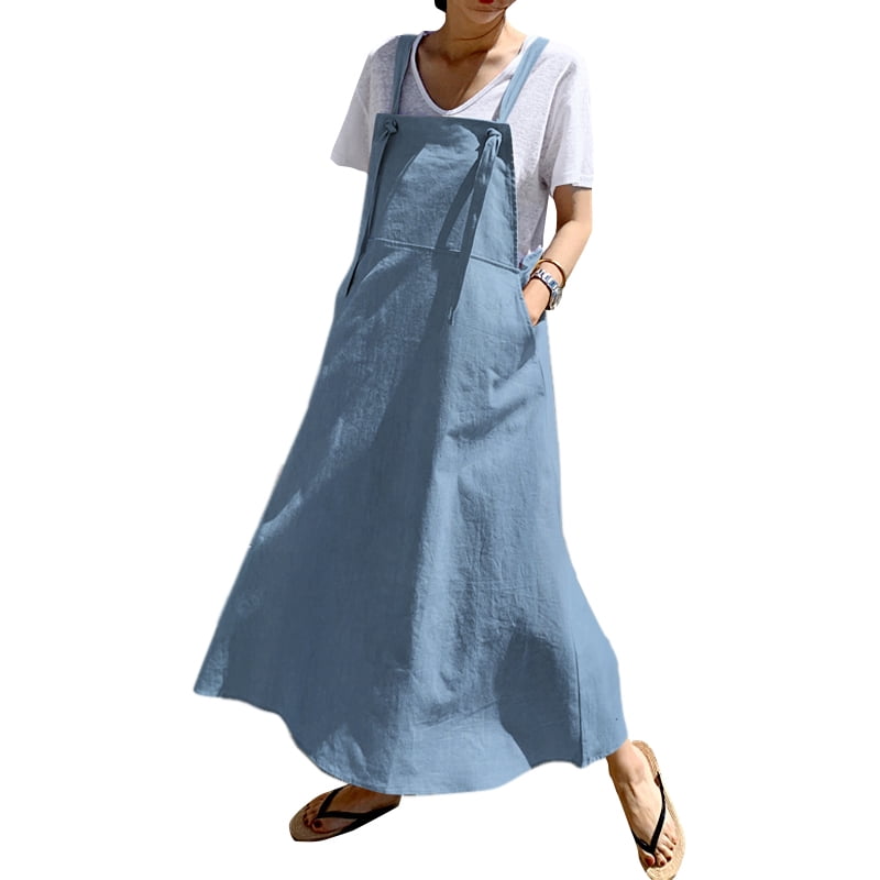 denim maxi pinafore dress