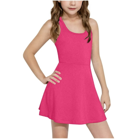 Ohufall 4-15 Years Tank Dresses for Girls Round Neck Sleeveless Stretch Mini Kids Dress Solid Color Sports Summer Dress
