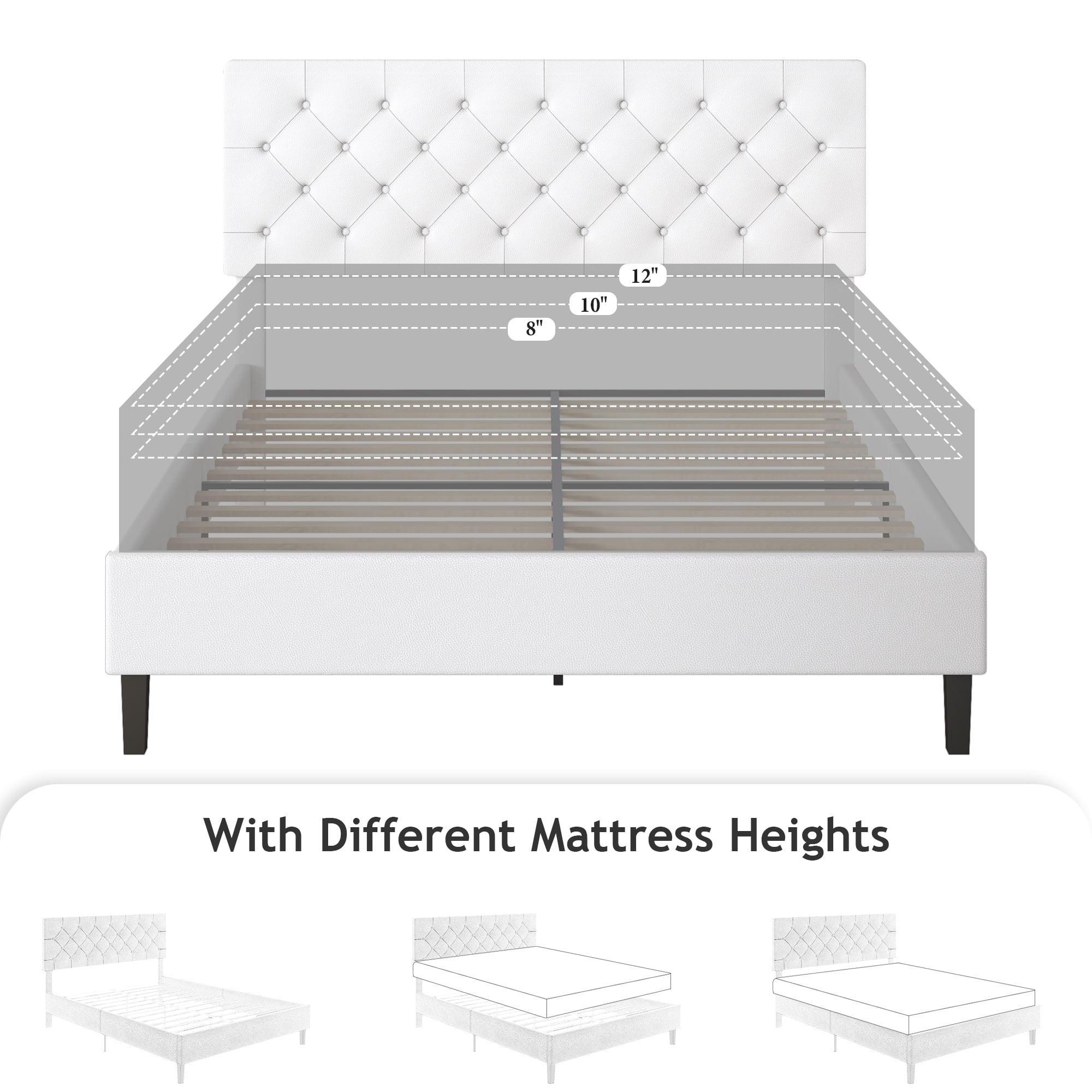 4 EVER WINNER Queen Bed Frame, Queen Upholstered Platform Bed with Button Tufted Headboard, White Queen Bed Frame, White