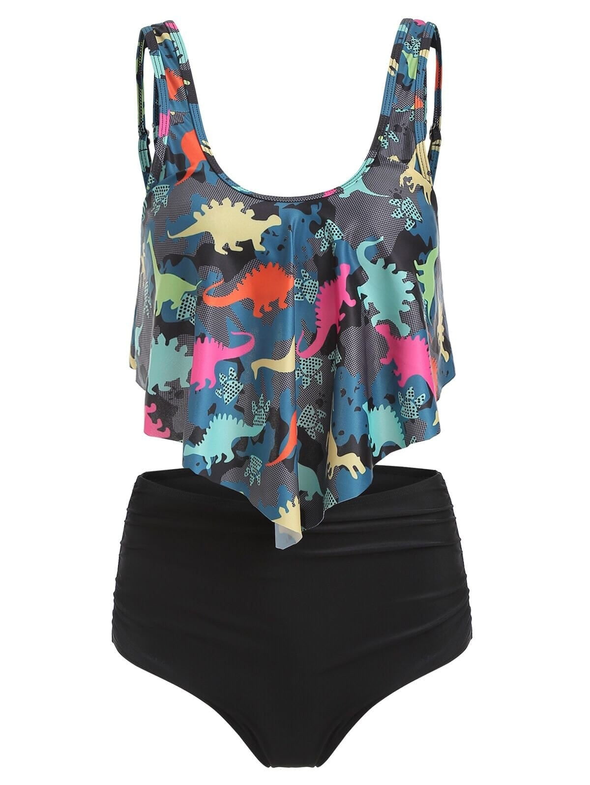 Thenxin Swimsuits for Women Dinosaur Print Two Piece Bathing Suits Flounce Ruffled Top with High Waisted Bottom Tankini