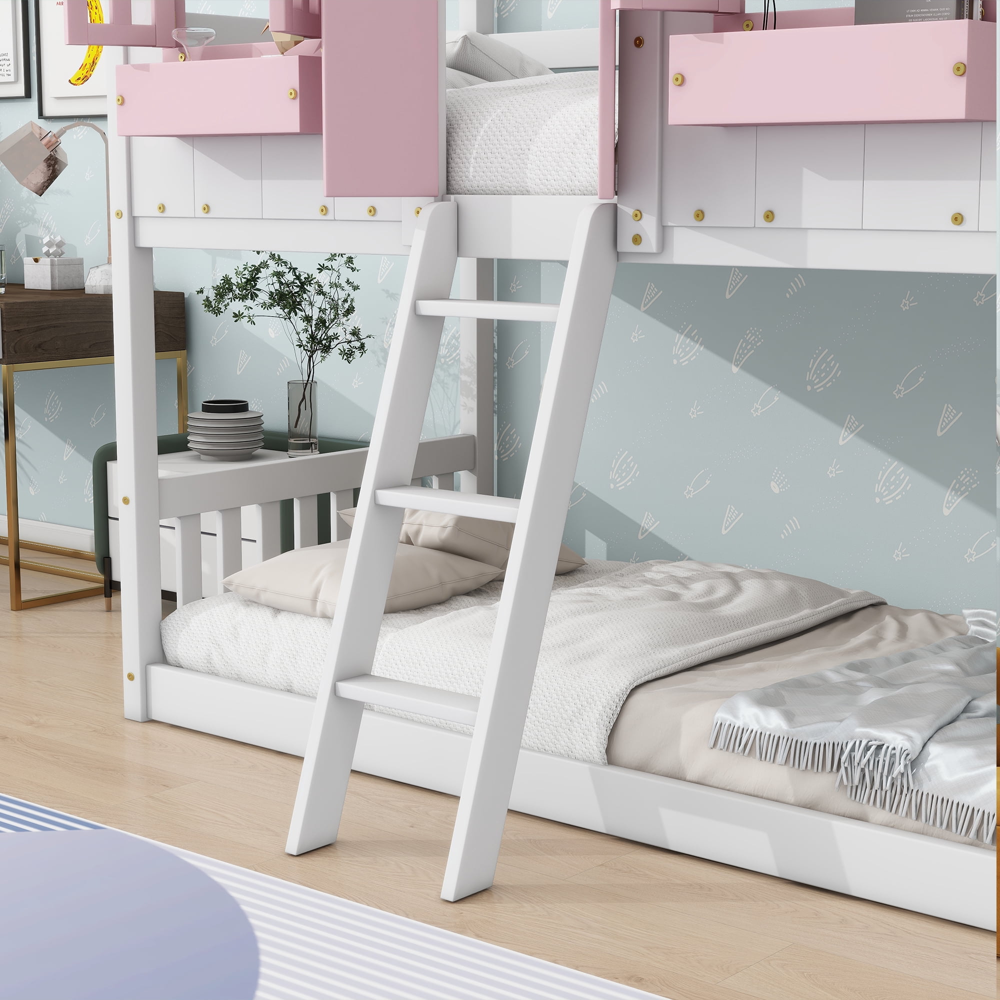 Leumius Twin over Twin Floor Bunk Bed with Ladder and Guardrails, House-Shaped-Bunk Bed with Window and Door for Boys Girls Pink+White