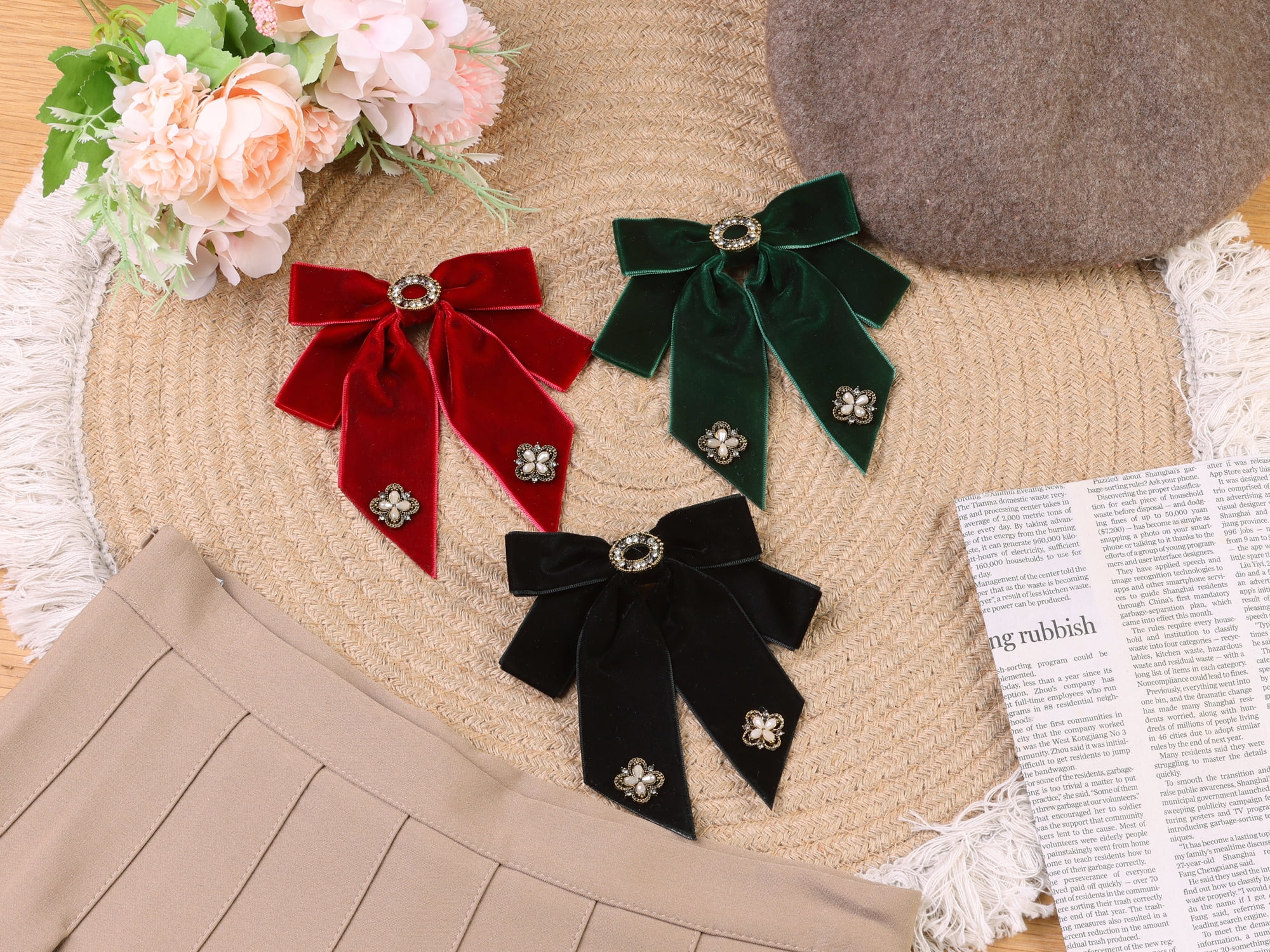 DARING DIVA Women's Velvet Alloy Rhinestone Pre-Tied Bow Tie Black