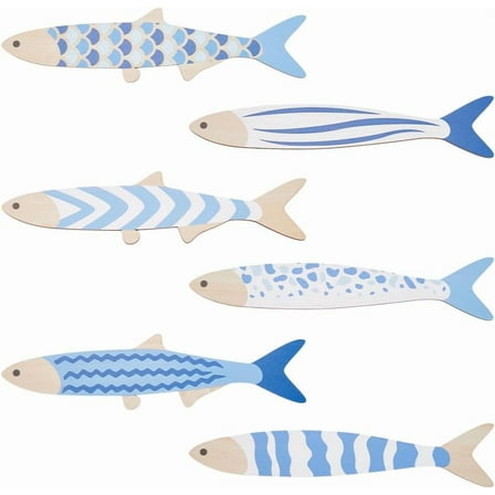 6Pcs Wood Fish Beach Wall Decor Coastal Wall Art Nautical Beach Decor Blue Fish Wall Sculpture Hanging Sculptures Bathroom Wall Decoration