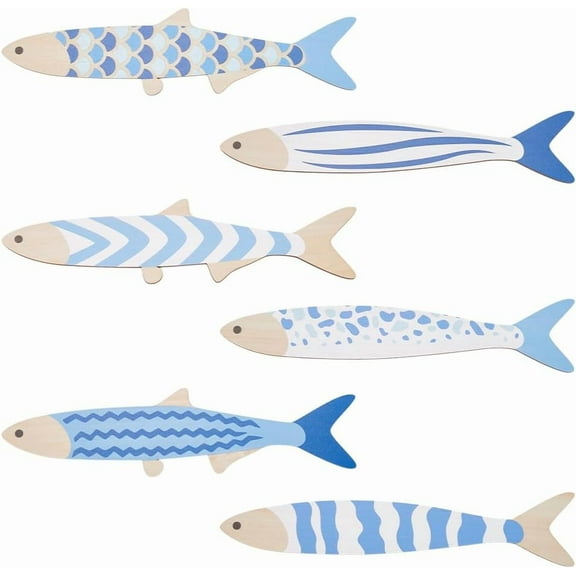 6Pcs Wood Fish Beach Wall Decor Coastal Wall Art Nautical Beach Decor Blue Fish Wall Sculpture Hanging Sculptures Bathroom Wall Decoration