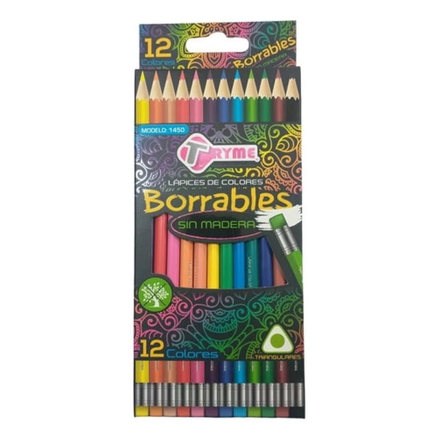 Lapices De Colores Borrables Tryme Sin Madera Caja C/12 Pzs