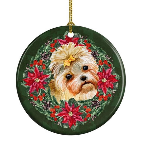 Morkie Poinsetta Wreath Ceramic Ornament 2.8 in x 2.8 in