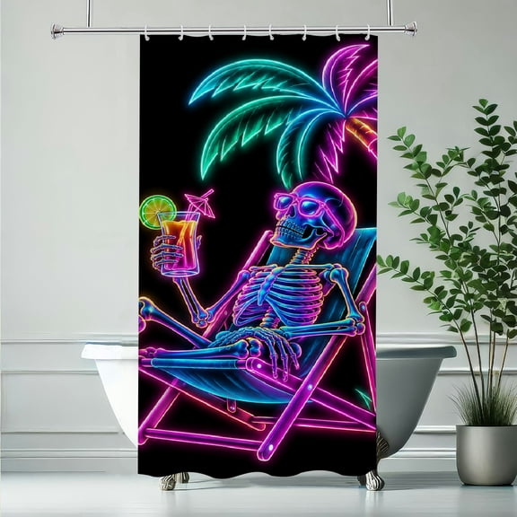 RKSupls Neon Skeleton Beach Vacation Waterproof Shower Curtain Polyester Shower Curtain with Hooks for Chic Elegant Home Bathtub Bathroom Decor