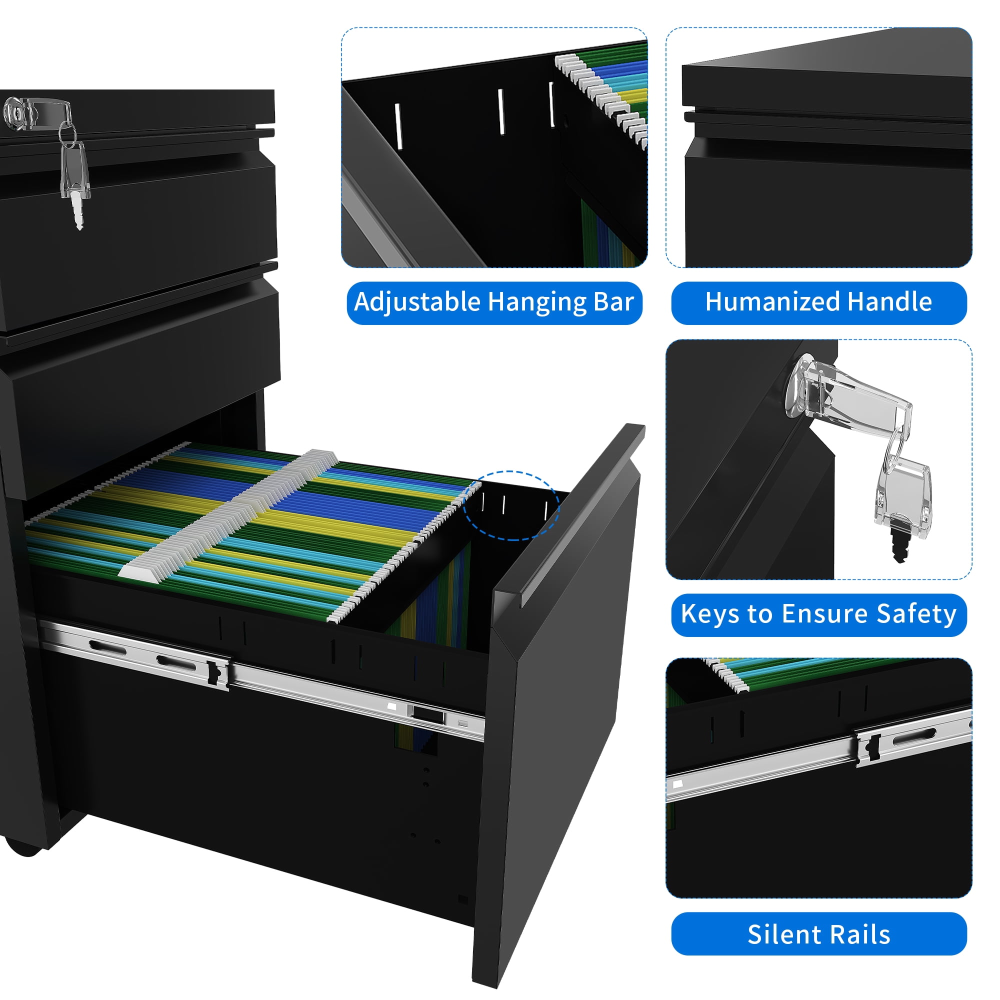 Dextrus Pre-Assembled Mobile File Cabinet with Lock, 3 Drawers, 15"W x 23"H x 19"D, 1 Piece