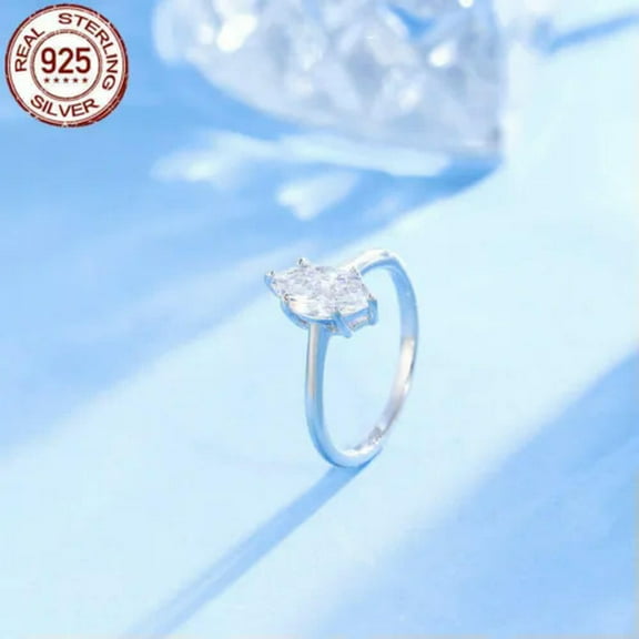 925 Sterling Silver CZ Marquise Cut Polished Solitaire Ring Bridal Wedding Gift