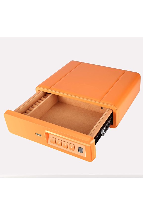 Biometric Fingerprint Safe, Slide-Away Handgun Safe for Pistols, Leather Wrapped Jewelry Storage Safe, Drawer Safe for Home and Vehicle-Orange