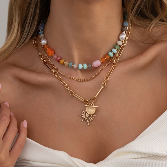 NICKSUN Boho 3 Layer Rainbow Beaded Stack Necklace, Multicolor Resin Bead Chain with Sun Disc Pendant Statement Jewelry for Women