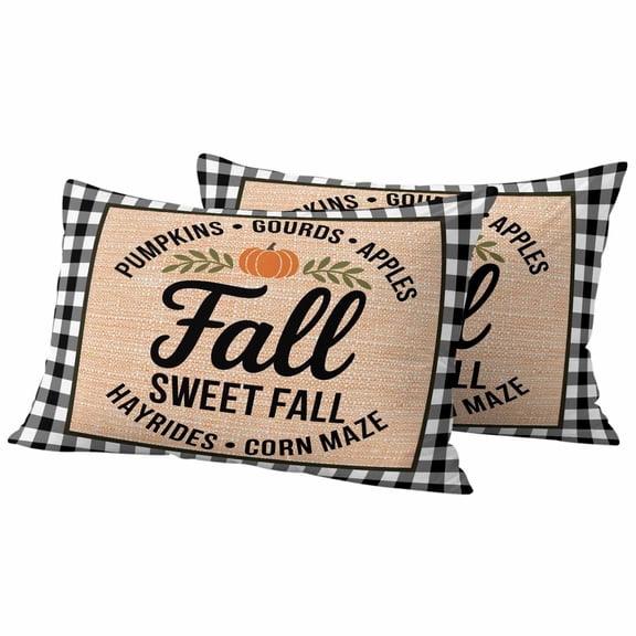Fall Orange Pumpkin Outdoor Waterproof Pillow Covers, Thanksgiving Vintage Buffalo Plaid Decorative Rectangle Throw Pillowcase Sofa Cushion Sham for Patio/Couch/Chair, 20"x12" 2 Pack