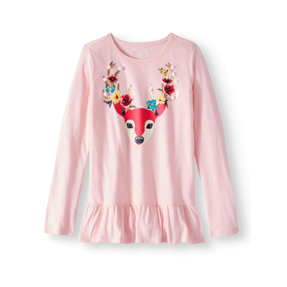 Wonder Nation Wonder Nation Girls' Embellished Animal Long Sleeve Ruffle Hem TShirt (Little