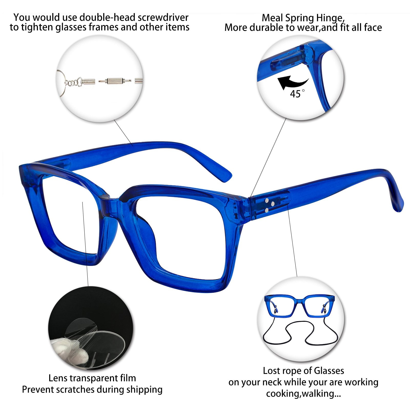 OCCI CHIARI Reading Glasses Women 1.75 Big Readers for Large Lady Clear Lens (1.0 1.25 1.5 1.75 2.0 2.25 2.5 2.75 3.0 3.5 4.0) with Arylic Lens (Blue, 175)