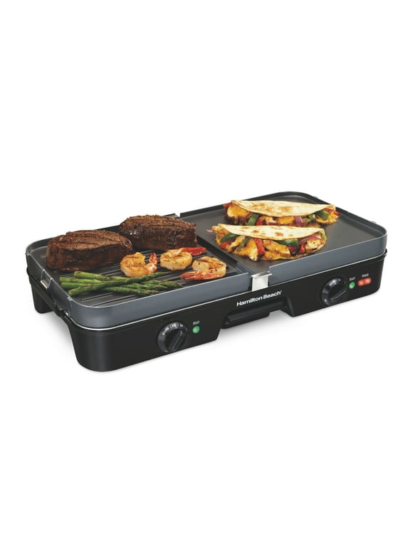 Hamilton Beach 3-in-1 Electric Indoor Grill/Griddle, 180 Sq. in. Nonstick Cooking Surface, Adjustable Temperature Up to 425F, Black, 38546