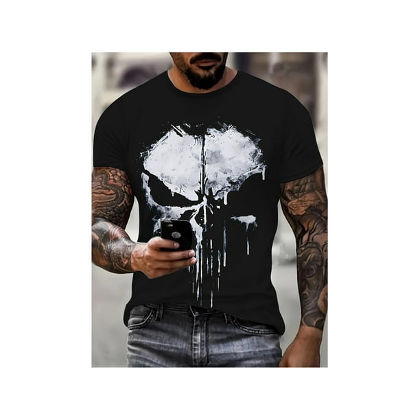 Men's Skull Graphic T-Shirt - Black Short Sleeve Crewneck with White Skull Design, Casual Summer Tee for Men, Perfect for Independence or Casual Attire